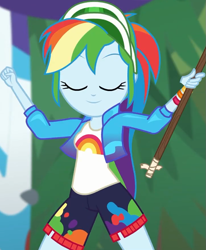 Size: 723x879 | Tagged: safe, screencap, character:rainbow dash, equestria girls:sunset's backstage pass, g4, my little pony:equestria girls, cap, clothing, cropped, cute, dashabetes, eyes closed, hat, jacket, paddle, rainbow, rainbow dash's paddle, raised arms, shirt, shorts, smiling, solo, t-shirt