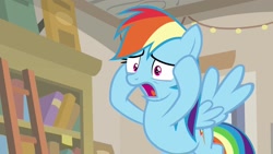 Size: 1920x1080 | Tagged: safe, screencap, character:rainbow dash, species:pony, episode:daring doubt, g4, my little pony: friendship is magic, bookshelf, ladder, solo