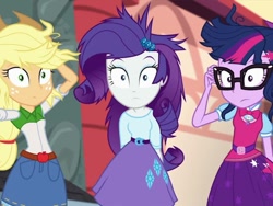Size: 800x600 | Tagged: safe, screencap, character:applejack, character:rarity, character:twilight sparkle, character:twilight sparkle (scitwi), species:eqg human, my little pony:equestria girls, amused, belt, clothing, cowboy hat, denim skirt, female, freckles, glasses, hat, looking at you, messy hair, shocked, skirt, stetson