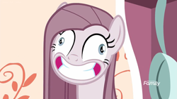 Size: 1366x768 | Tagged: safe, screencap, character:pinkamena diane pie, character:pinkie pie, species:earth pony, species:pony, episode:yakity-sax, g4, my little pony: friendship is magic, bust, contemplating insanity, female, forced smile, grin, insanity, mare, portrait, smiling, solo