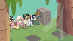Size: 1920x1080 | Tagged: safe, screencap, character:biff, character:doctor caballeron, character:fluttershy, character:rogue, character:withers, species:pony, episode:daring doubt, g4, my little pony: friendship is magic, clothing, hat, henchmen, sweat