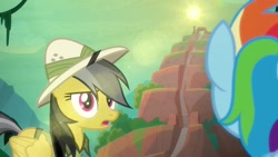 Size: 1920x1080 | Tagged: safe, screencap, character:daring do, character:rainbow dash, species:pony, episode:daring doubt, g4, my little pony: friendship is magic, duo, lens flare, temple