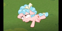 Size: 1440x720 | Tagged: safe, screencap, character:cozy glow, species:pegasus, species:pony, episode:the ending of the end, g4, my little pony: friendship is magic, leak, bow, cozybuse, curly hair, cutie mark, defeated, female, filly, floppy ears, foal, freckles, gritted teeth, hair bow, loser, solo, spread wings, tail bow, wings