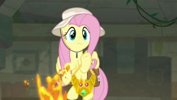 Size: 1920x1080 | Tagged: safe, screencap, character:fluttershy, species:pony, episode:daring doubt, g4, my little pony: friendship is magic, clothing, hat, lava, solo, truth talisman