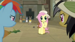 Size: 1920x1080 | Tagged: safe, screencap, character:biff, character:daring do, character:doctor caballeron, character:fluttershy, character:rainbow dash, character:rogue, character:withers, species:pony, episode:daring doubt, g4, my little pony: friendship is magic, clothing, hat, henchmen, truth talisman
