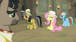 Size: 1920x1080 | Tagged: safe, screencap, character:daring do, character:doctor caballeron, character:rainbow dash, species:pony, episode:daring doubt, g4, my little pony: friendship is magic, clothing, eyes closed, hat