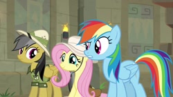 Size: 1920x1080 | Tagged: safe, screencap, character:daring do, character:fluttershy, character:rainbow dash, species:pony, episode:daring doubt, g4, my little pony: friendship is magic, clothing, cute, hat, shyabetes