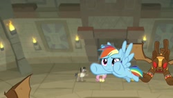 Size: 1920x1080 | Tagged: safe, screencap, character:doctor caballeron, character:fluttershy, character:rainbow dash, species:gargoyle, species:pony, episode:daring doubt, g4, my little pony: friendship is magic, clothing, eyes closed, female, flying, guardiangoyle, hat, male, prone, truth talisman