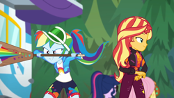 Size: 1920x1080 | Tagged: safe, screencap, character:applejack, character:fluttershy, character:rainbow dash, character:sunset shimmer, character:twilight sparkle, character:twilight sparkle (scitwi), species:eqg human, equestria girls:sunset's backstage pass, g4, my little pony:equestria girls, clothing, female, geode of empathy, imminent spanking, jacket, magical geodes, outdoors, paddle, rainbow dash's paddle, rv, shorts, visor