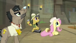 Size: 1920x1080 | Tagged: safe, screencap, character:daring do, character:doctor caballeron, character:fluttershy, species:pony, episode:daring doubt, g4, my little pony: friendship is magic, clothing, dexterous hooves, diamond, hat, lantern, prone, truth talisman
