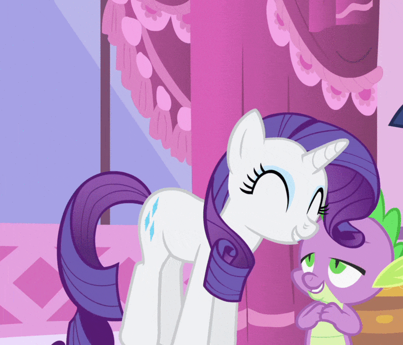 Size: 789x675 | Tagged: safe, screencap, character:rarity, character:spike, character:twilight sparkle, character:twilight sparkle (unicorn), species:dragon, species:pony, species:unicorn, episode:green isn't your color, g4, my little pony: friendship is magic, animated, carousel boutique, cropped, cute, excited, female, gif, happy, jumping, loop, male, mare, offscreen character, pronking, raribetes