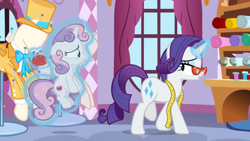 Size: 1600x900 | Tagged: safe, screencap, character:rarity, character:sweetie belle, species:pony, episode:growing up is hard to do, g4, my little pony: friendship is magic, boutique, bow tie, clothing, curtains, fabric, glasses, hat, levitation, magic, mannequin, measuring tape, pincushion, rarity's glasses, rolls, sad, spool, suit, telekinesis, top hat, window