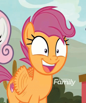 Size: 294x351 | Tagged: safe, screencap, character:biscuit, character:scootaloo, character:spur, character:sweetie belle, species:pegasus, species:pony, episode:growing up is hard to do, g4, my little pony: friendship is magic, animated, cropped, cute, cutealoo, discovery family logo, excited, grin, irrational exuberance, motion lines, older, older scootaloo, older sweetie belle, smiling, the cmc's cutie marks, wing flutter