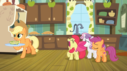 Size: 1600x900 | Tagged: safe, screencap, character:apple bloom, character:applejack, character:scootaloo, character:sweetie belle, species:pegasus, species:pony, episode:growing up is hard to do, g4, my little pony: friendship is magic, bowl, cabinet, complaining, cup, curtains, cutie mark crusaders, faec, food, jar, kitchen, plate, plates, sad, sink, soup, stove, window