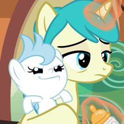 Size: 1080x1080 | Tagged: safe, screencap, species:pony, species:unicorn, episode:growing up is hard to do, g4, my little pony: friendship is magic, baby, baby bottle, baby pony, bright morning, cloudy winds, cotton chip, cropped, cute, daughter, female, foal, like mother like daughter, magic, mother, mother and daughter, smiling, tired