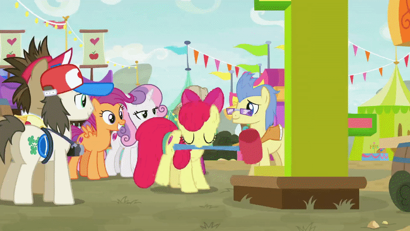 Size: 800x450 | Tagged: safe, screencap, character:apple bloom, character:happy khaki, character:prairie belle, character:ruby splash, character:scootaloo, character:sweetie belle, species:earth pony, species:pegasus, species:pony, episode:growing up is hard to do, g4, my little pony: friendship is magic, animated, background pony, bell, carrying, cheering, crowd surfing, cutie mark, excited, eyes closed, fairground, fortune favors, game, gif, globe trotter, hammer, happy, high striker, lift up, older, older apple bloom, older cmc, older scootaloo, older sweetie belle, running, stand, swing, the cmc's cutie marks, trail blazer, winter wisp