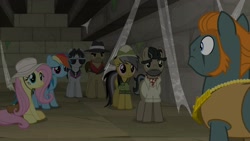 Size: 1920x1080 | Tagged: safe, screencap, character:biff, character:daring do, character:doctor caballeron, character:fluttershy, character:rainbow dash, character:rogue, character:withers, species:pony, episode:daring doubt, g4, my little pony: friendship is magic, clothing, hat, henchmen