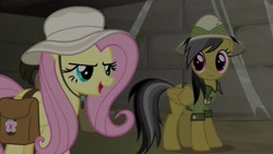 Size: 1920x1080 | Tagged: safe, screencap, character:daring do, character:fluttershy, species:pony, episode:daring doubt, g4, my little pony: friendship is magic, clothing, hat, pith helmet, saddle bag