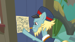 Size: 1600x900 | Tagged: safe, screencap, species:pony, episode:growing up is hard to do, g4, my little pony: friendship is magic, booth, drawing, loose tracks, map, mouth hold, pencil, solo