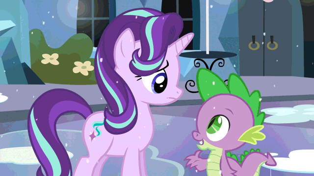 Size: 640x360 | Tagged: safe, artist:evil-dec0y, screencap, character:spike, character:starlight glimmer, character:trixie, species:dragon, species:pony, species:unicorn, ship:sparlight, episode:the crystalling, g4, my little pony: friendship is magic, animated, clapping, cute, diatrixes, female, gif, glimmerbetes, hug, male, mare, shipper on deck, shipping, snow, spikabetes, straight, trio
