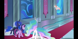 Size: 1440x720 | Tagged: safe, screencap, character:cozy glow, character:princess celestia, character:princess luna, character:twilight sparkle, character:twilight sparkle (alicorn), species:alicorn, species:pony, episode:the ending of the end, g4, my little pony: friendship is magic, leak