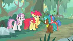 Size: 1600x900 | Tagged: safe, screencap, character:apple bloom, character:biscuit, character:scootaloo, character:spur, character:sweetie belle, species:pegasus, species:pony, episode:growing up is hard to do, g4, my little pony: friendship is magic, bush, cutie mark, cutie mark crusaders, dirt, forest, frazzled, mud, nervous grin, older, older apple bloom, older cmc, older scootaloo, older sweetie belle, road, the cmc's cutie marks
