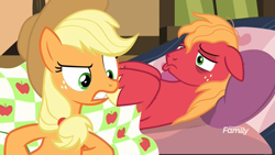 Size: 1920x1080 | Tagged: safe, screencap, character:applejack, character:big mcintosh, species:earth pony, species:pony, episode:growing up is hard to do, g4, my little pony: friendship is magic, annoyed, bags under eyes, bed, bedside, blanket, discovery family logo, female, gritted teeth, hooves on hips, male, mare, messy mane, pouting, sick, stallion, sweet apple acres