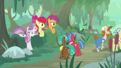 Size: 1920x1080 | Tagged: safe, screencap, character:apple bloom, character:biscuit, character:scootaloo, character:spur, character:sweetie belle, species:earth pony, species:pegasus, species:pony, species:unicorn, episode:growing up is hard to do, g4, my little pony: friendship is magic, :i, animated, background pony, bandana, blatant lies, box, bush, cajun ponies, cutie mark crusaders, dirt, disbelief, falling, freckles, looking at someone, messy mane, mud, pouting, rock, savage honeydew, smiling, sound, swamp, talking, tree, walking, webm, wings