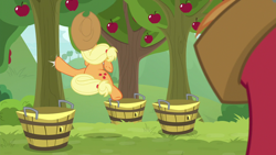 Size: 1280x720 | Tagged: safe, screencap, character:applejack, character:big mcintosh, species:earth pony, species:pony, episode:going to seed, g4, my little pony: friendship is magic, apple, apple tree, brother and sister, cutie mark, duo, dynamic entry, faceless female, faceless male, female, jump kick, male, mare, ponytail, siblings, stallion, sweet apple acres, tree