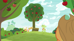 Size: 1280x720 | Tagged: safe, screencap, character:applejack, character:goldie delicious, character:granny smith, species:pony, episode:going to seed, g4, my little pony: friendship is magic, apple, apple tree, tree
