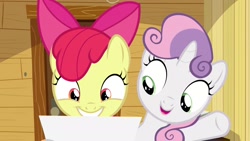 Size: 1920x1080 | Tagged: safe, screencap, character:apple bloom, character:sweetie belle, species:pony, episode:growing up is hard to do, g4, my little pony: friendship is magic, clubhouse, crusaders clubhouse