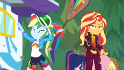 Size: 1280x720 | Tagged: safe, screencap, character:applejack, character:fluttershy, character:rainbow dash, character:sunset shimmer, character:twilight sparkle, character:twilight sparkle (scitwi), species:eqg human, equestria girls:sunset's backstage pass, g4, my little pony:equestria girls, clothing, female, geode of empathy, jacket, magical geodes, outdoors, paddle, rainbow dash's paddle, rv, shorts, unamused, visor