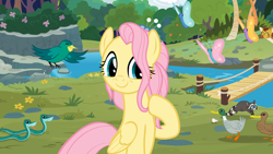 Size: 1920x1080 | Tagged: safe, screencap, character:fluttershy, species:bird, species:duck, species:pegasus, species:pony, episode:the last problem, g4, my little pony: friendship is magic, butterfly, cute, older, older fluttershy, shyabetes, snake, solo