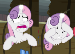 Size: 1191x866 | Tagged: safe, screencap, character:sweetie belle, species:pony, species:unicorn, episode:growing up is hard to do, g4, my little pony: friendship is magic, cropped, female, glowing horn, gritted teeth, hay bale, head in hooves, headache, hoof on head, horn, horrified, magic, mare, older, older sweetie belle, ouch, pain, solo focus, stuck, teleportation