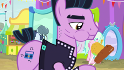 Size: 1920x1080 | Tagged: safe, screencap, character:shady daze, character:smooth move, character:tender brush, species:earth pony, species:pony, episode:growing up is hard to do, g4, my little pony: friendship is magic, appleloosa, background pony, eating, male, solo focus, stallion