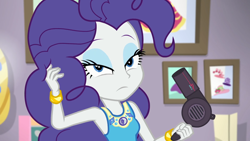 Size: 1920x1080 | Tagged: safe, screencap, character:rarity, episode:do it for the ponygram!, g4, my little pony:equestria girls, alternate hairstyle, bracelet, eyeshadow, female, geode of shielding, hair dryer, jewelry, lidded eyes, looking at you, magical geodes, makeup, picture frame, pinkie pie hair, pinkity, rarity's bedroom, solo