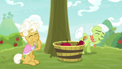 Size: 1920x1080 | Tagged: safe, screencap, character:goldie delicious, character:granny smith, species:pony, episode:going to seed, g4, my little pony: friendship is magic, apple, apple tree, tree