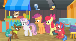Size: 1600x862 | Tagged: safe, screencap, character:apple bloom, character:biscuit, character:scootaloo, character:spur, character:sweetie belle, species:pegasus, species:pony, episode:growing up is hard to do, g4, my little pony: friendship is magic, animation error, bleachers, box, chest, culinary art (character), cutie mark, cutie mark crusaders, dust cloud, missing wing, mr. food, neckerchief, older, older apple bloom, older cmc, older scootaloo, older sweetie belle, stool, table, the cmc's cutie marks, upset