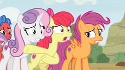 Size: 1600x900 | Tagged: safe, screencap, character:apple bloom, character:biscuit, character:scootaloo, character:sweetie belle, species:pegasus, species:pony, episode:growing up is hard to do, g4, my little pony: friendship is magic, cutie mark, cutie mark crusaders, older, older apple bloom, older cmc, older scootaloo, older sweetie belle, outdoors, panic, scared, the cmc's cutie marks, worried