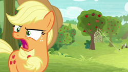 Size: 1280x720 | Tagged: safe, screencap, character:applejack, species:earth pony, species:pony, episode:going to seed, g4, my little pony: friendship is magic, apple, apple tree, female, freckles, mare, net, open mouth, solo, trap, tree