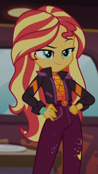 Size: 386x685 | Tagged: safe, screencap, character:sunset shimmer, equestria girls:sunset's backstage pass, g4, my little pony:equestria girls, clothing, cropped, female, geode of empathy, jacket, magical geodes, solo