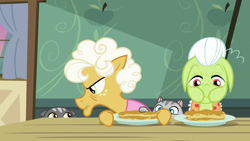 Size: 1280x720 | Tagged: safe, screencap, character:goldie delicious, character:granny smith, episode:going to seed, g4, my little pony: friendship is magic, cat, cat stealing food