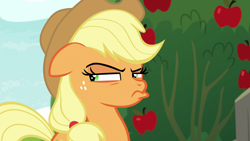 Size: 1280x720 | Tagged: safe, screencap, character:applejack, species:earth pony, species:pony, episode:going to seed, g4, my little pony: friendship is magic, apple, apple tree, female, floppy ears, freckles, frown, mare, pouting, pursed lips, solo, suspicious, tree
