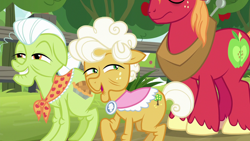 Size: 1280x720 | Tagged: safe, screencap, character:big mcintosh, character:goldie delicious, character:granny smith, species:pony, episode:going to seed, g4, my little pony: friendship is magic, apple, apple tree, fence, tree