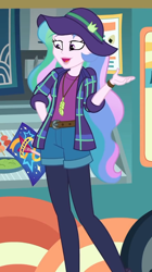 Size: 604x1080 | Tagged: safe, screencap, character:princess celestia, character:principal celestia, episode:the road less scheduled, g4, my little pony:equestria girls, brochure, clothing, cropped, feather, feather necklace, flannel, food, food truck, hat, jewelry, leggings, legs, necklace, open mouth, shorts, smiling, sushi, the road less scheduled: celestia, wasabi