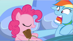 Size: 1130x642 | Tagged: safe, screencap, character:pinkie pie, character:rainbow dash, species:earth pony, species:pegasus, species:pony, episode:secrets and pies, g4, my little pony: friendship is magic, bell, cowbell, eyes closed, faec, female, mare, open mouth, rainbow dash is best facemaker