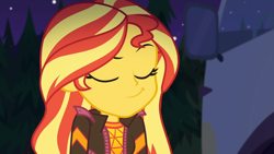 Size: 1920x1080 | Tagged: safe, screencap, character:sunset shimmer, equestria girls:sunset's backstage pass, g4, my little pony:equestria girls, clothing, eyes closed, female, jacket, night, outdoors, rv, shrug, smug, smugset shimmer, solo
