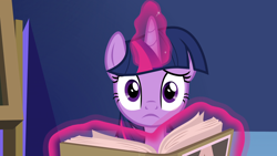 Size: 1920x1080 | Tagged: safe, screencap, character:twilight sparkle, character:twilight sparkle (alicorn), species:alicorn, species:pony, episode:growing up is hard to do, g4, my little pony: friendship is magic, book, cute, female, frown, glowing horn, horn, magic, mare, open book, raised eyebrow, she knows, solo