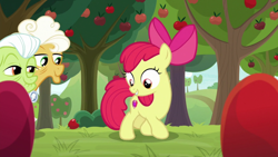 Size: 1920x1080 | Tagged: safe, screencap, character:apple bloom, character:goldie delicious, character:granny smith, species:pony, episode:going to seed, g4, my little pony: friendship is magic, apple, apple tree, tree
