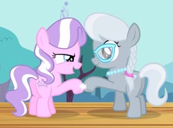 Size: 968x720 | Tagged: safe, screencap, character:diamond tiara, character:silver spoon, species:earth pony, species:pony, episode:flight to the finish, g4, my little pony: friendship is magic, female, filly, glasses, hoofbump, jewelry, necklace, open mouth, pearl necklace, stage, tiara